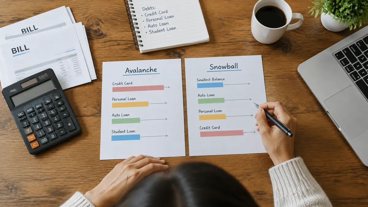 A person compares avalanche and snowball debt payoff worksheets at a desk.