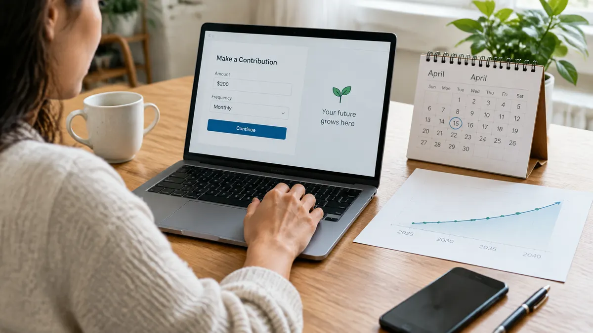 Person schedules monthly investing contributions on a laptop beside a calendar and rising growth chart.