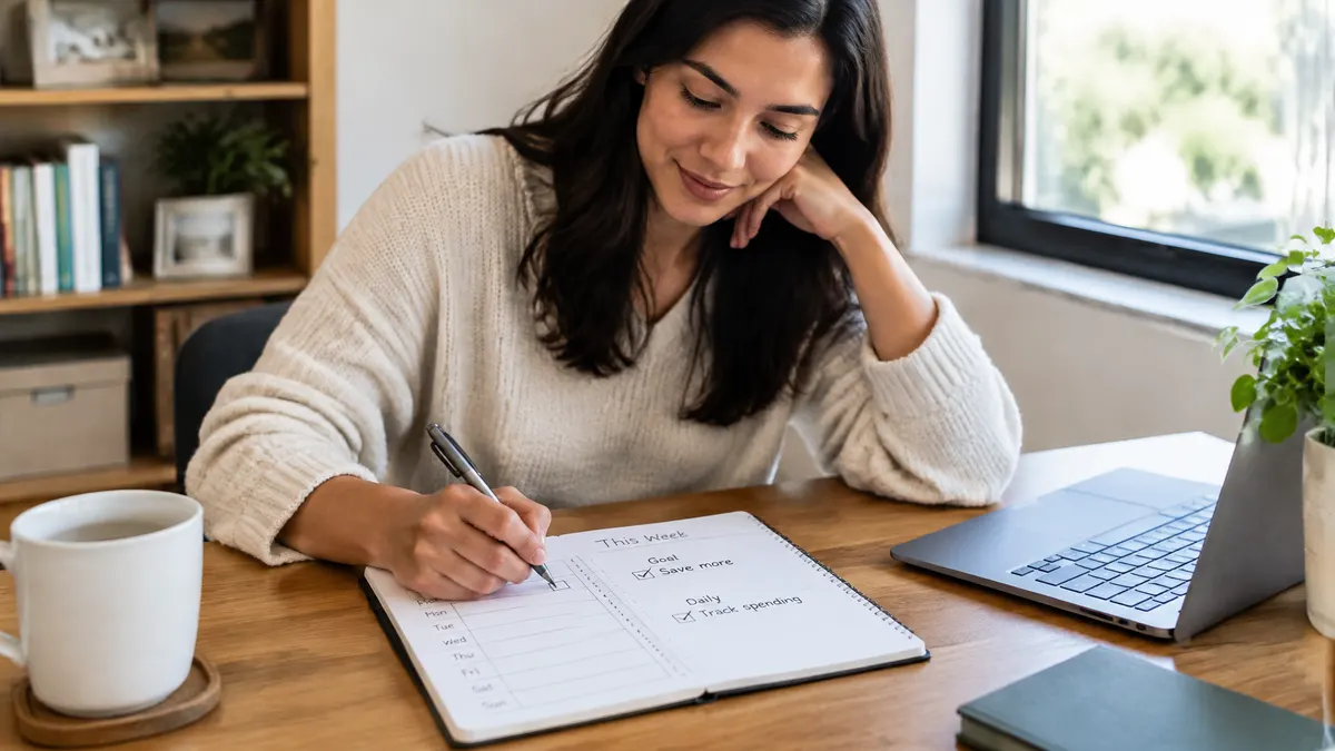 Woman writes weekly savings and spending goals in a planner beside a laptop.
