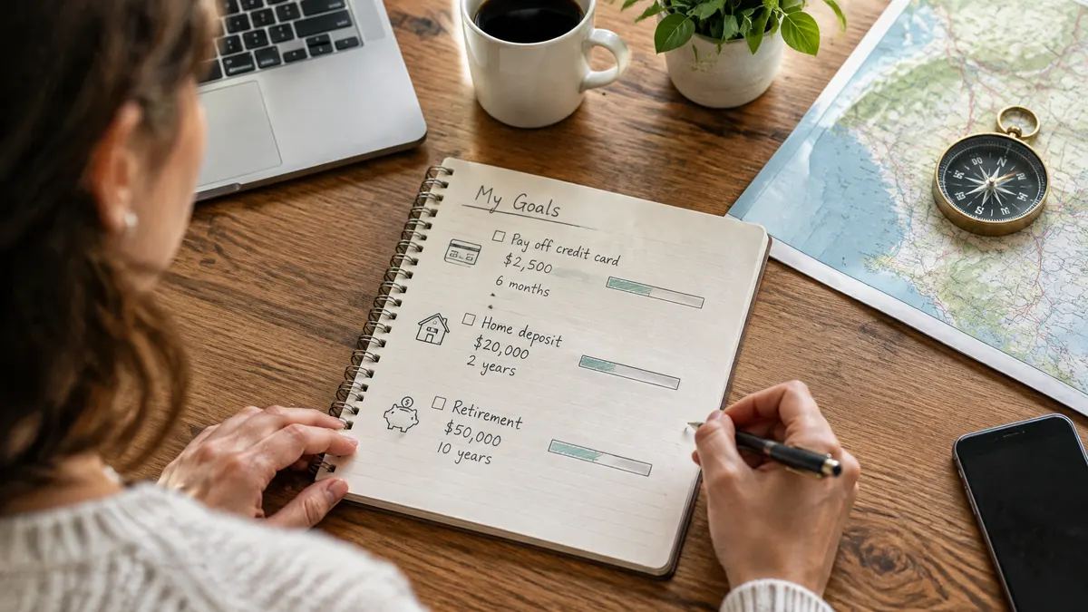 Person records financial goals and progress bars in a notebook at a desk.