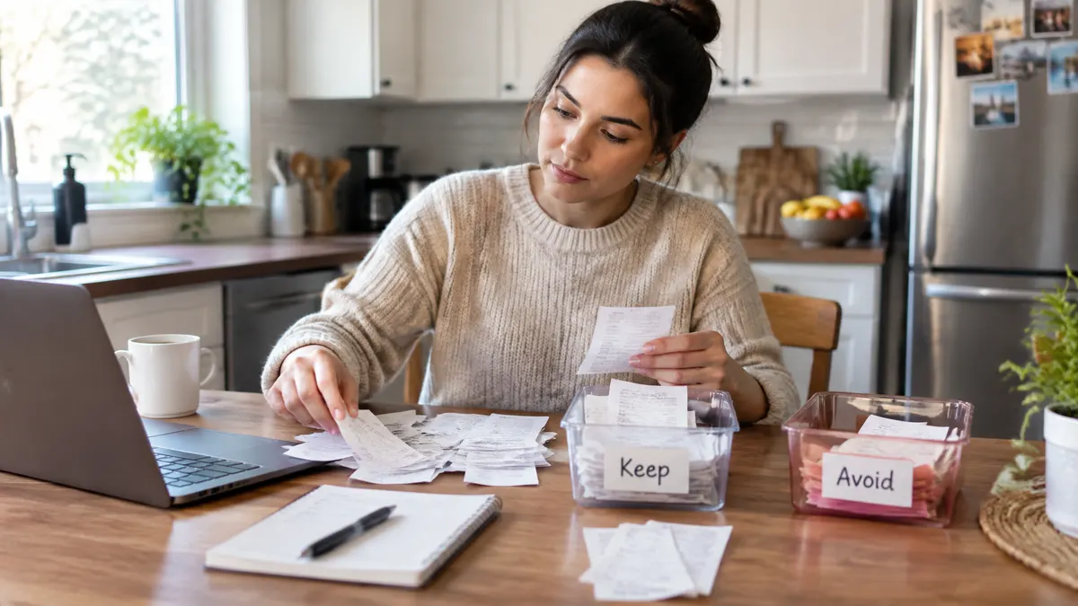 A woman sorts receipts into containers labeled Keep and Avoid at a kitchen table.