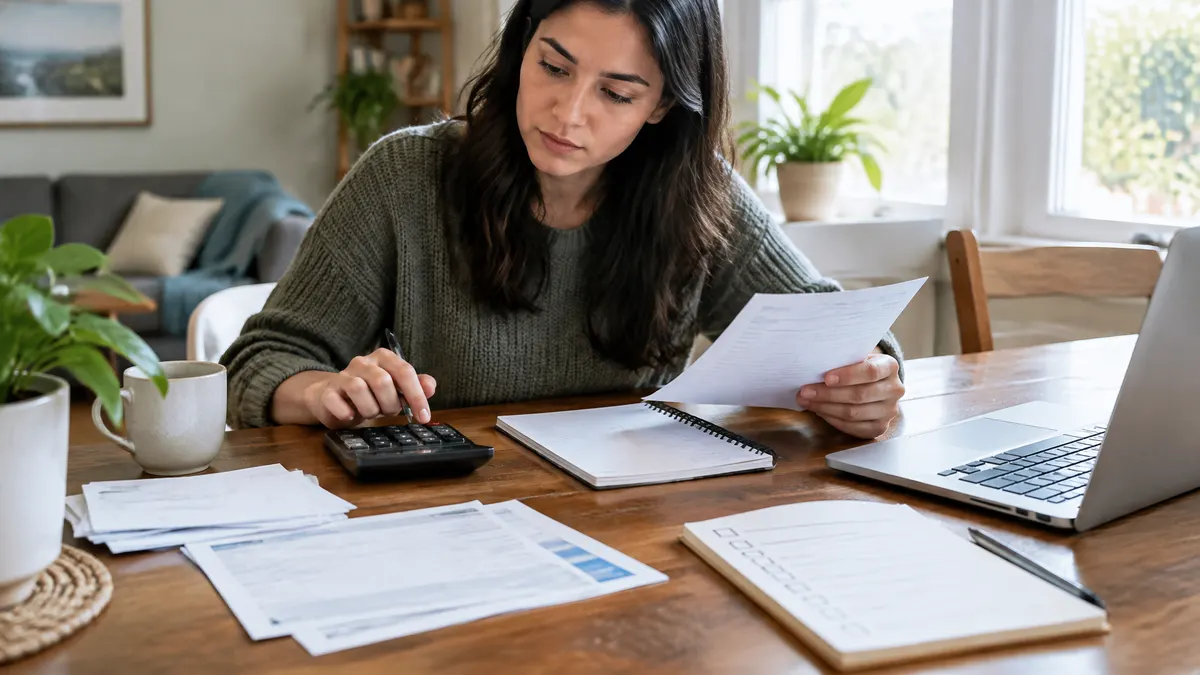 A woman calculates figures while reviewing paperwork at a table.