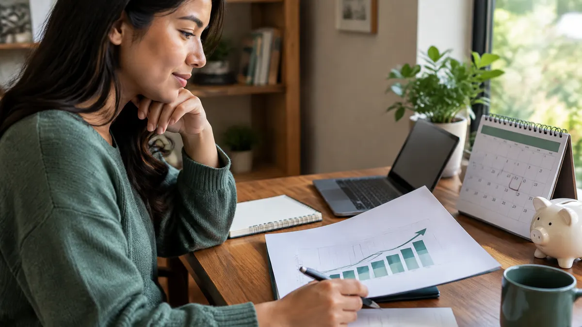 Woman reviews a rising chart beside a laptop, calendar, and piggy bank.
