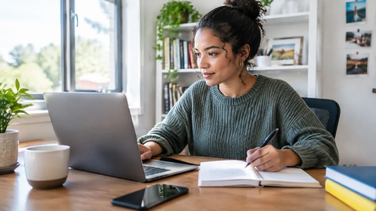 A woman looks at her laptop and writes in a notebook at a home office desk.