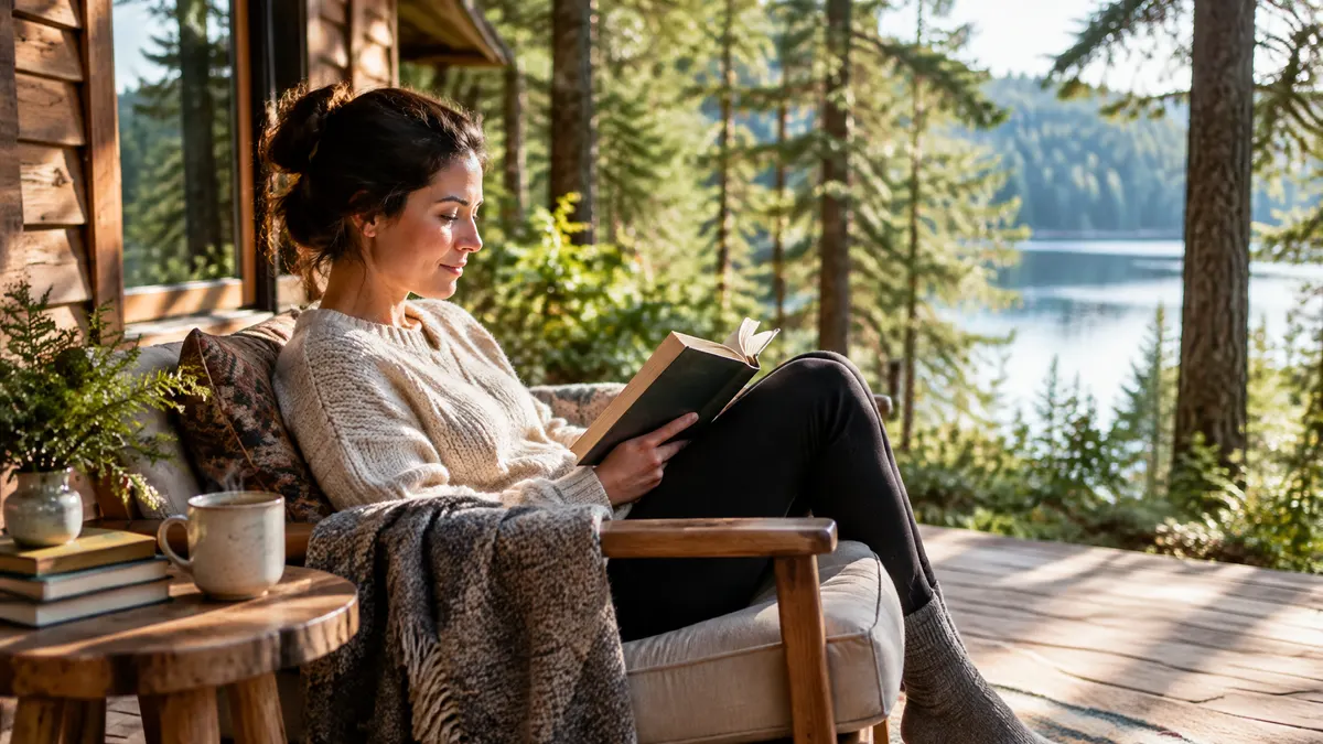 Woman reading on a cabin deck overlooking a forest lake