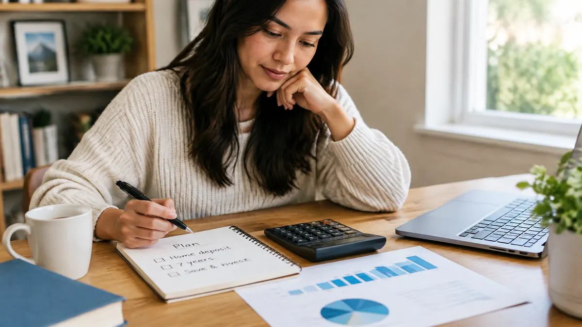 A woman writes a savings plan beside a calculator and financial charts.